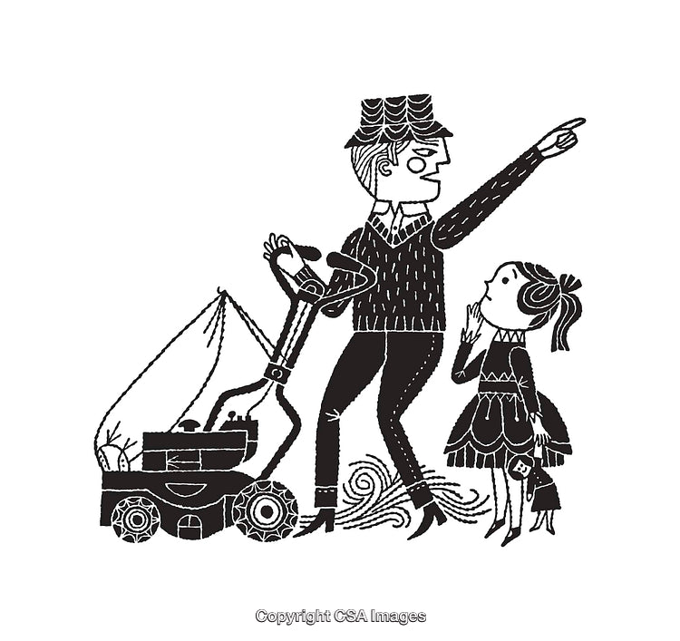 Black and White Illustration of a Man and Child with a Lawn Mower
