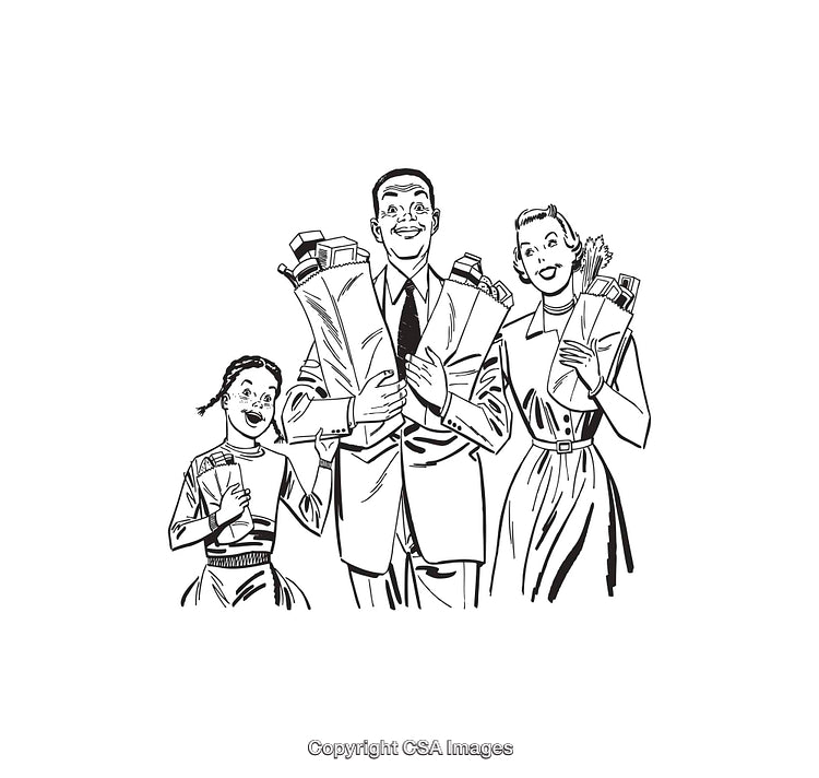 Vintage Family Illustration with Groceries in Black and White Line Art