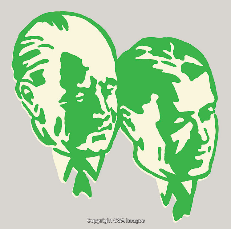 Green Abstract Artistic Profiles of Two Faces in Contrasting Colors