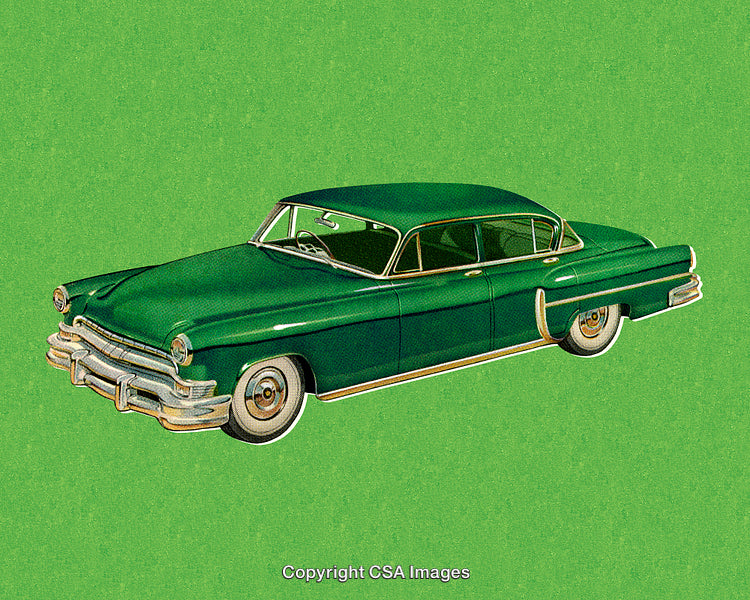 Classic Green Sedan on a Textured Background, Retro Automobile Illustration