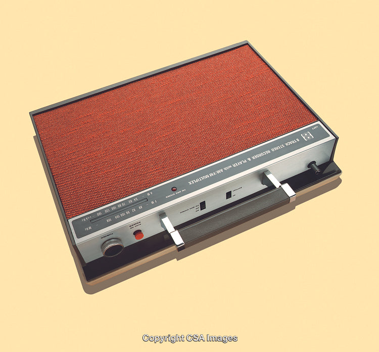 Retro Vintage AM/FM Radio with Orange Speaker Grill on Yellow Background
