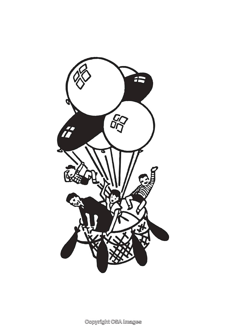 Children Enjoying a Basket Ride with Balloon on Black and White Sketch