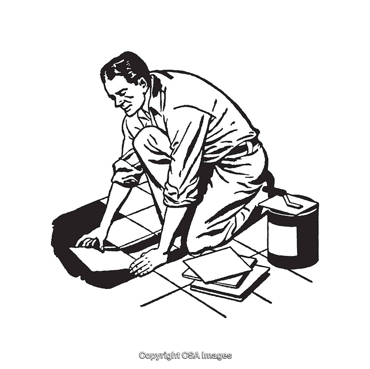 Man Working on a Tiling Project in Black and White Line Art