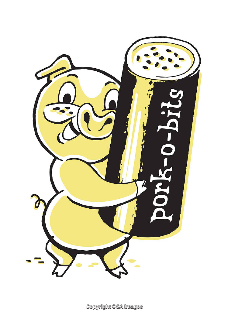 Cartoon Pig Holding a Shaker of Pork-O-Bits with Playful Illustration Style