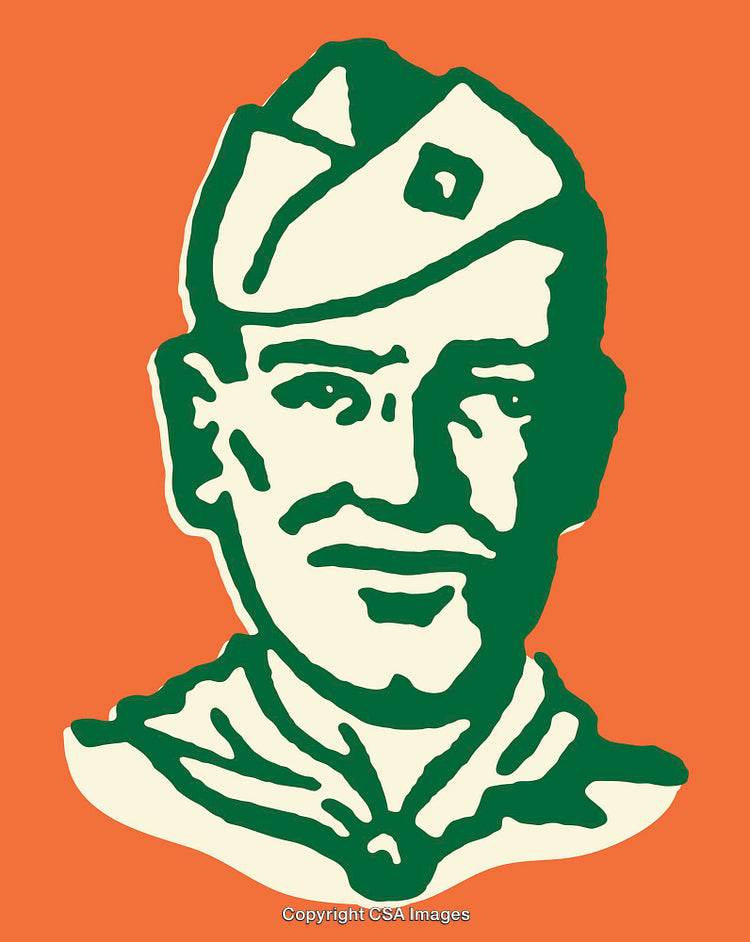 Stylized Line Art Portrait of a Uniformed Man on Orange Background