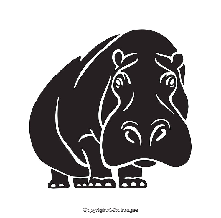 Black And White Line Art Illustration of a Standing Hippopotamus