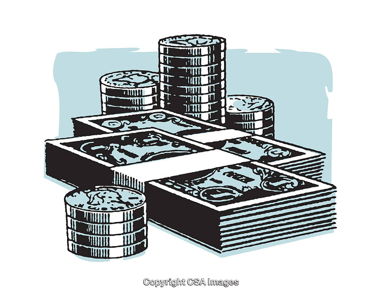 Stacks of Cash and Coins in a Colorful Illustration