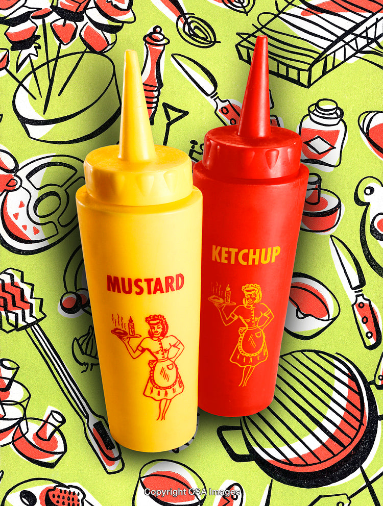 Two Colorful Condiment Bottles Against a Patterned Barbecue Background