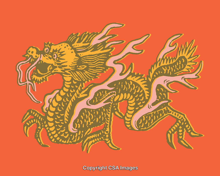 Colorful Illustration of an Oriental Dragon in Dynamic Pose on Orange Background
