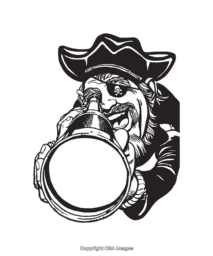 Black and White Pirate Illustration with Telescope and Skull Hat