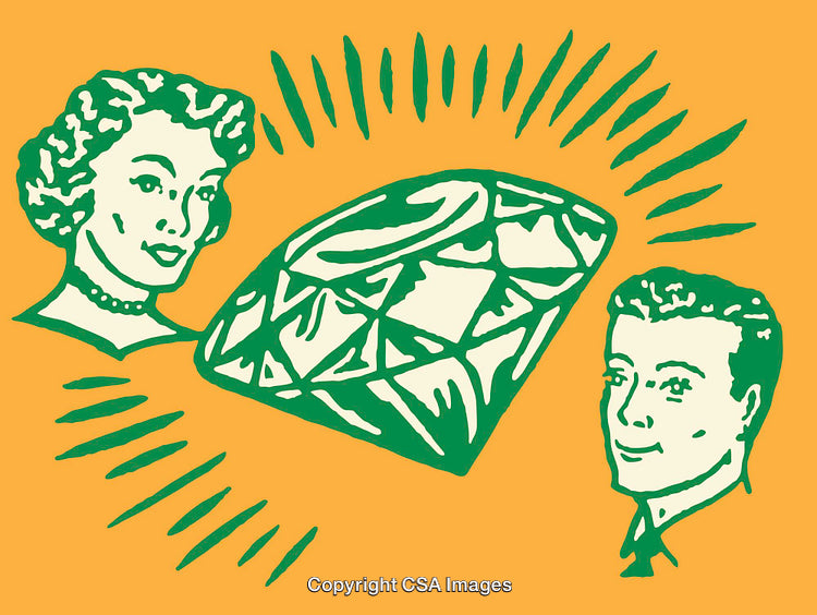 Retro Style Illustration of a Diamond Highlighted Between Two Individuals