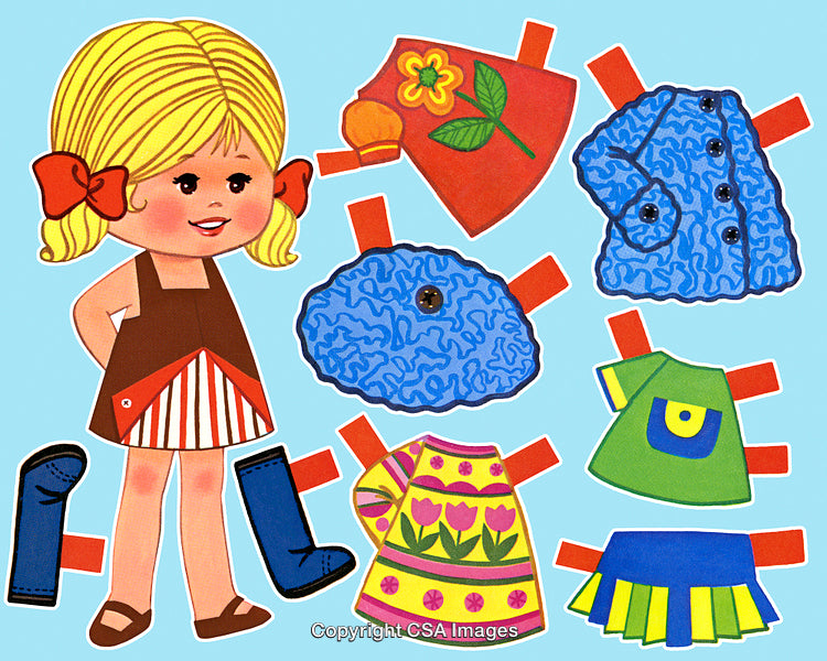 Retro Paper Doll with Various Outfits and Accessories on Blue Background