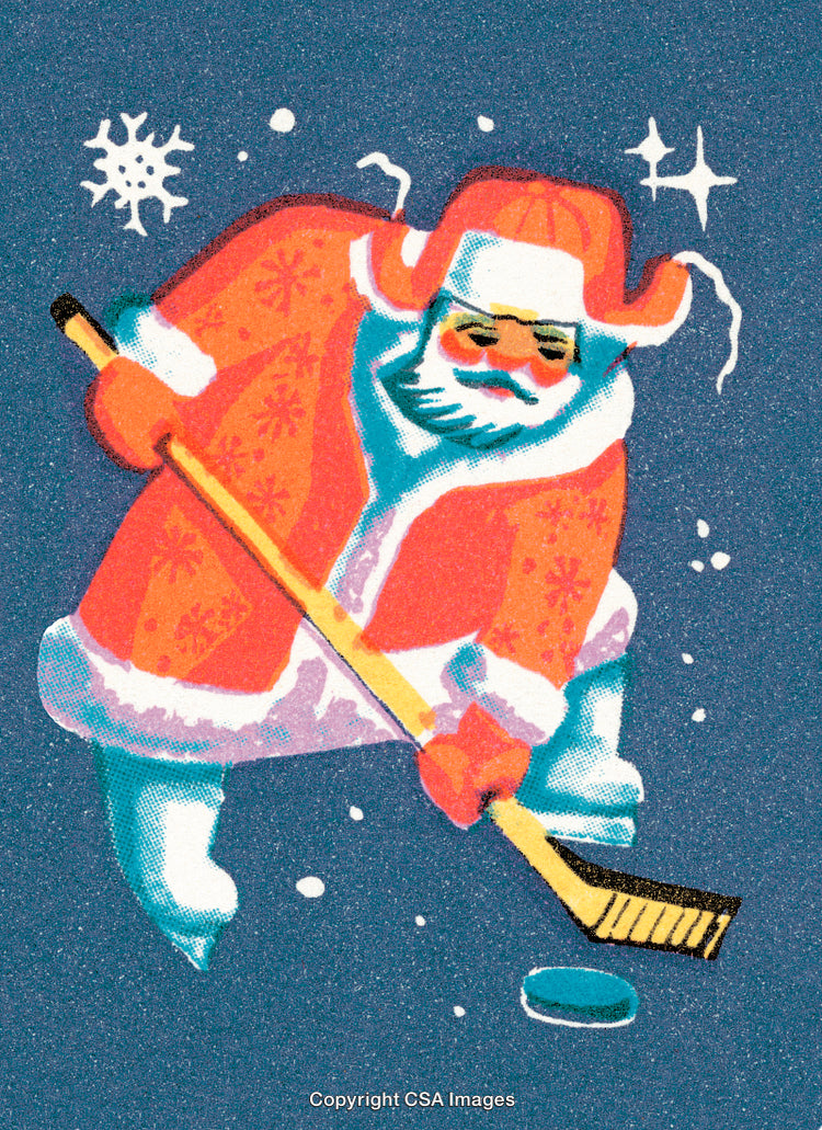 Santa Claus Playing Ice Hockey During a Festive Winter Season Celebration