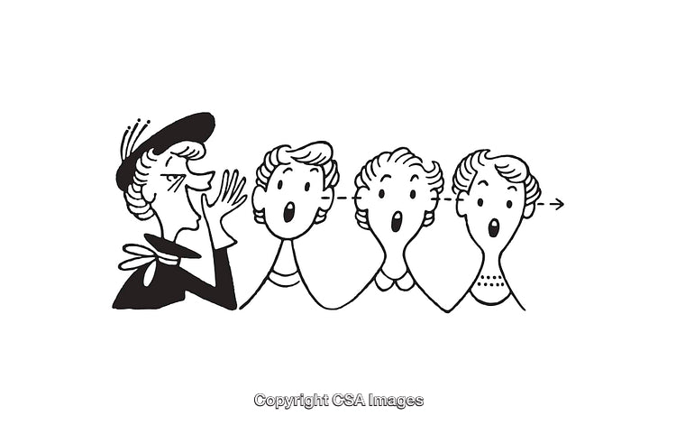 Black and White Illustration Showing Gossip Chain with Multiple Characters
