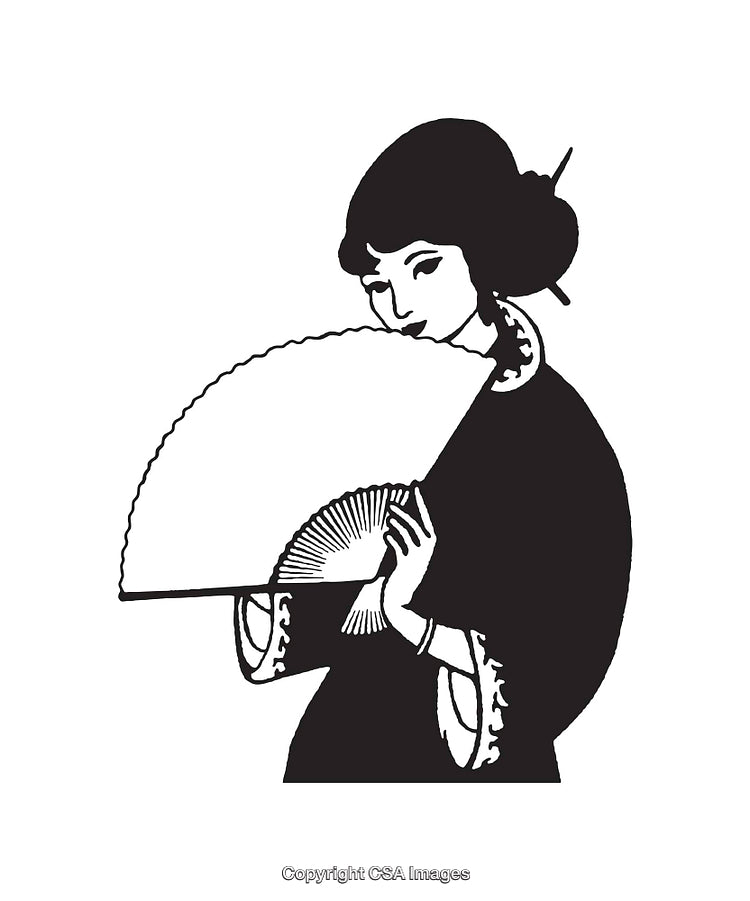 Elegant Black And White Illustration of Woman Holding Traditional Fan