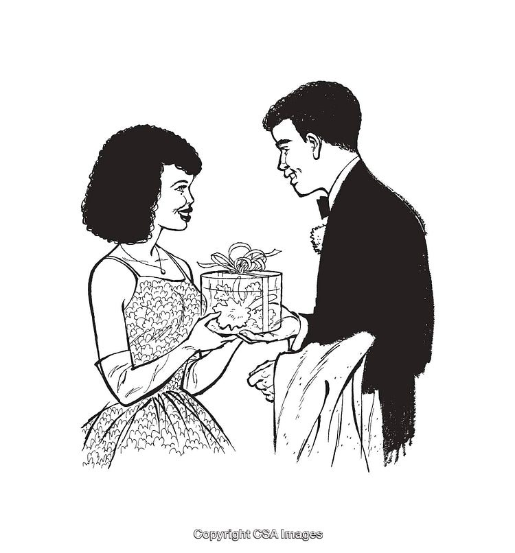 Black and White Line Art Depicting Gift Exchange During Formal Event