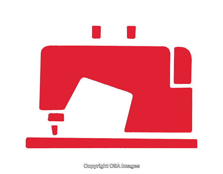 Red Icon Depicting a Sewing Machine on a White Background