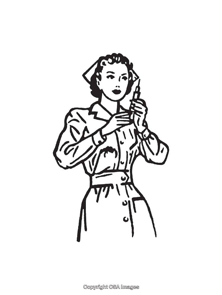 Vintage Line Art Illustration of a Nurse Holding a Syringe
