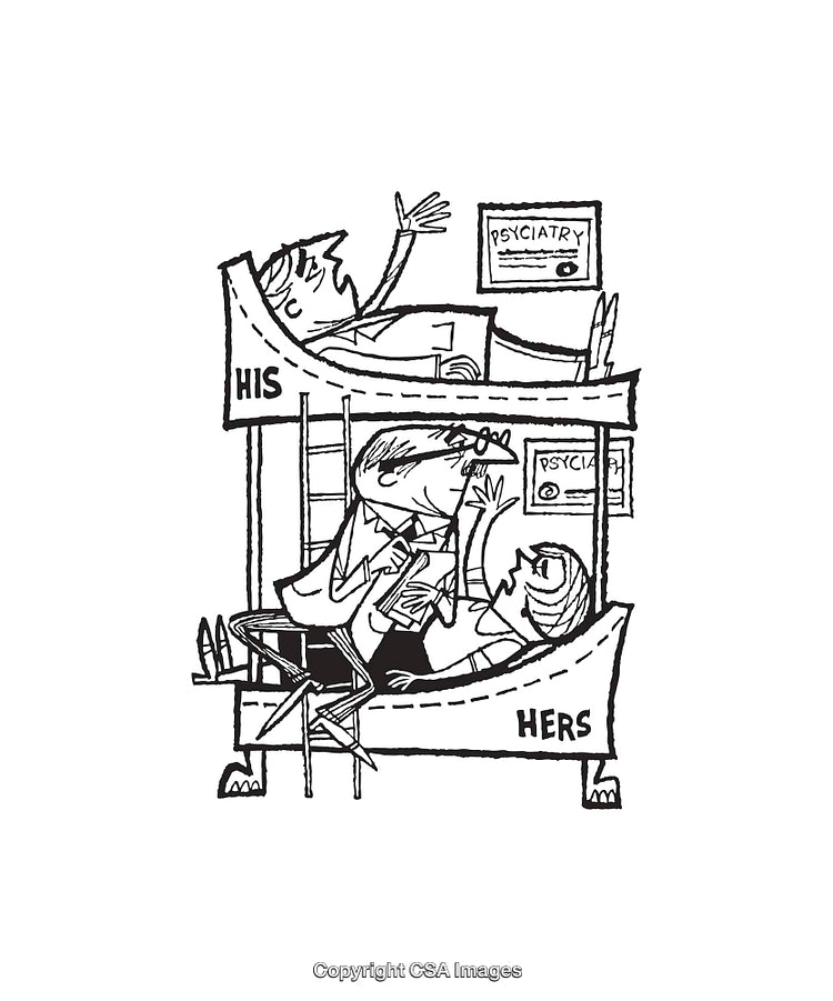 Cartoon Depicting Psychiatry in a Humorous Black and White Line Art Style