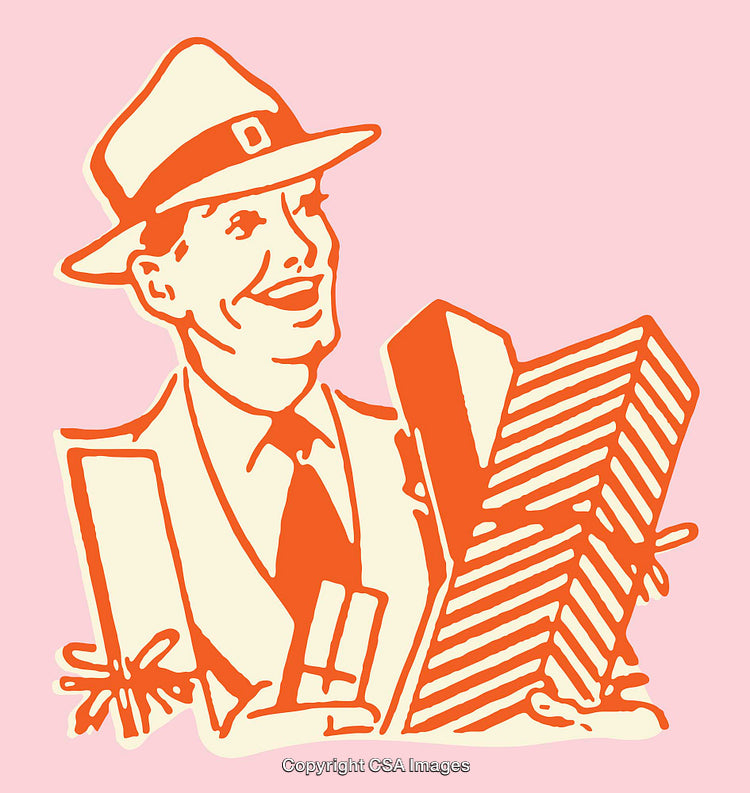Vintage Businessman Illustration Carrying Presents in Bold Line Art Style