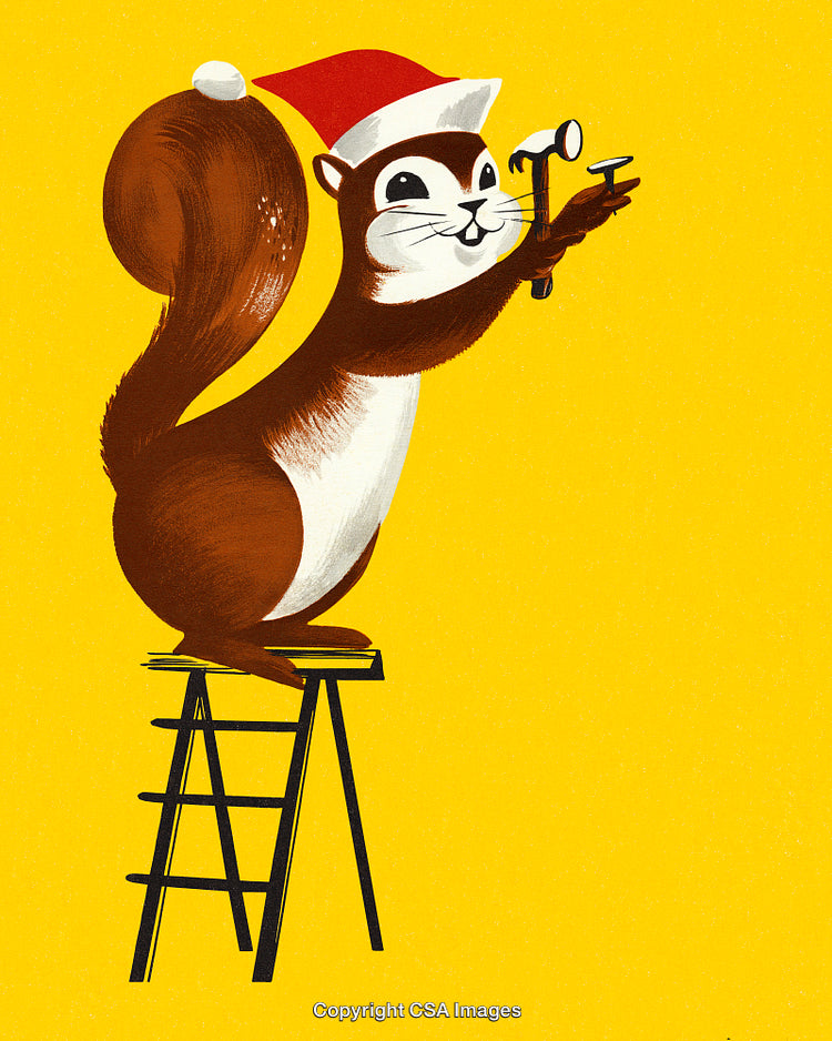 Festive Squirrel in Santa Hat on Ladder with Hammer Decorating