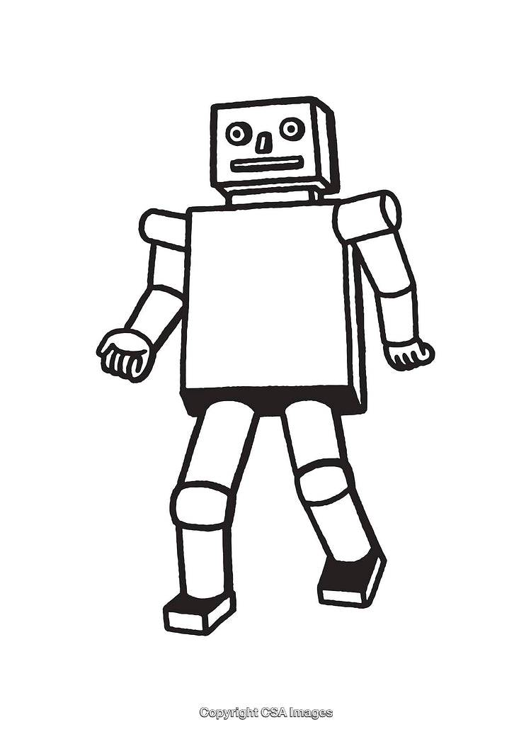 Black and White Line Art Illustration of a Walking Robot Icon