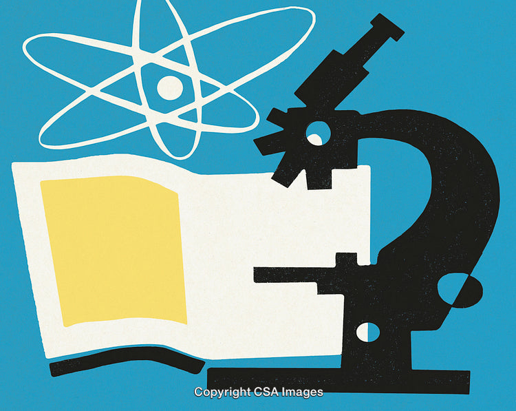 Illustration of Science Concepts with Microscope, Atom, and Book