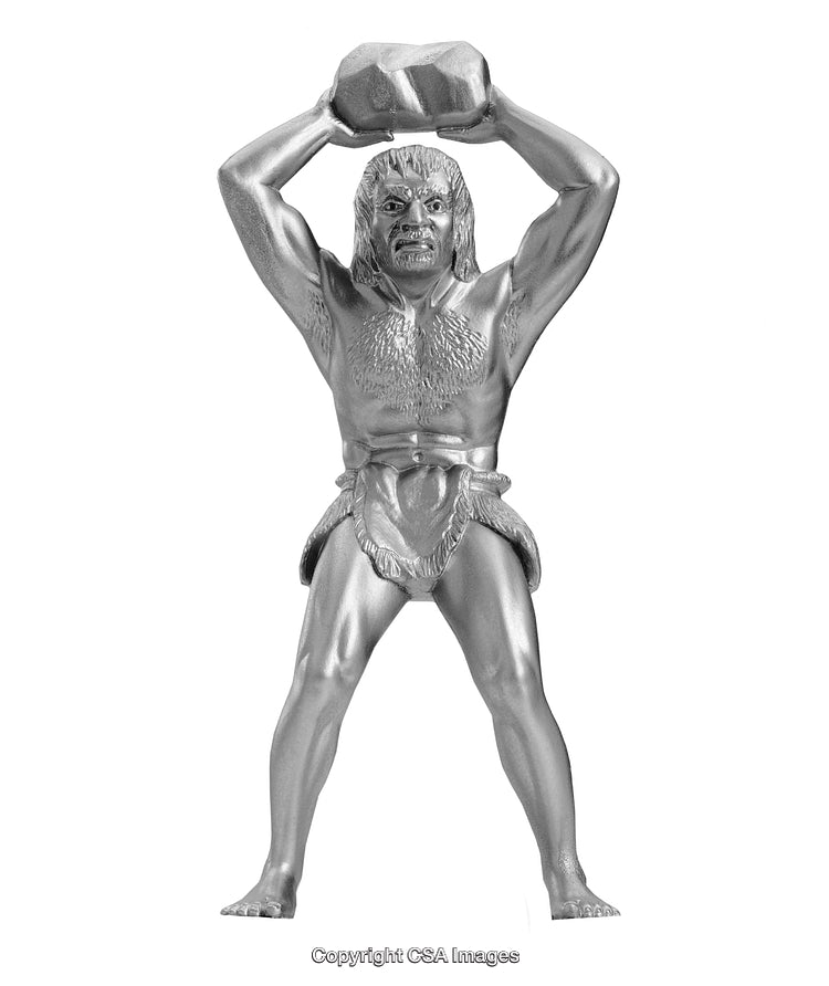 Silver Toy Caveman Holding a Stone In Classic Action Pose