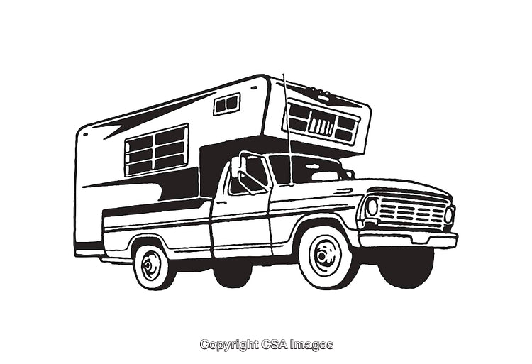 Classic Camper Truck Line Art Illustration in Black and White