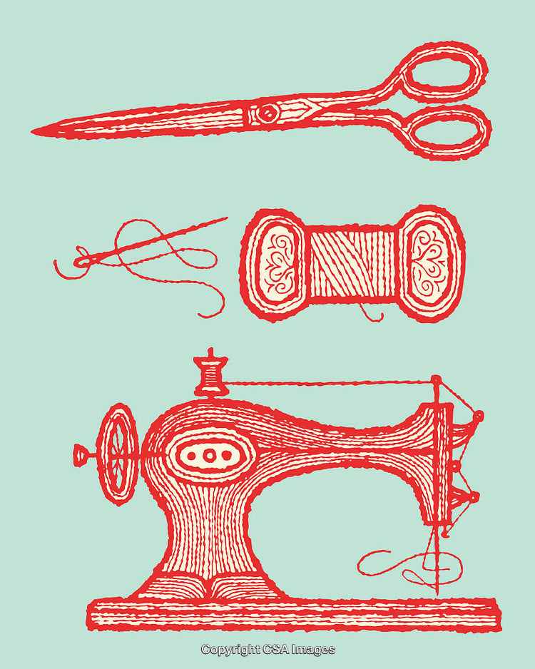 Vintage Sewing Tools and Machine Illustration in Red and Teal