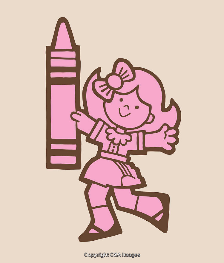 Colorful Illustration of a Girl Holding a Giant Crayon in Playful Design