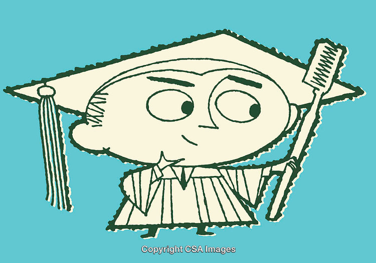 Cartoon Graduate Character Holding a Toothbrush on Aqua Background
