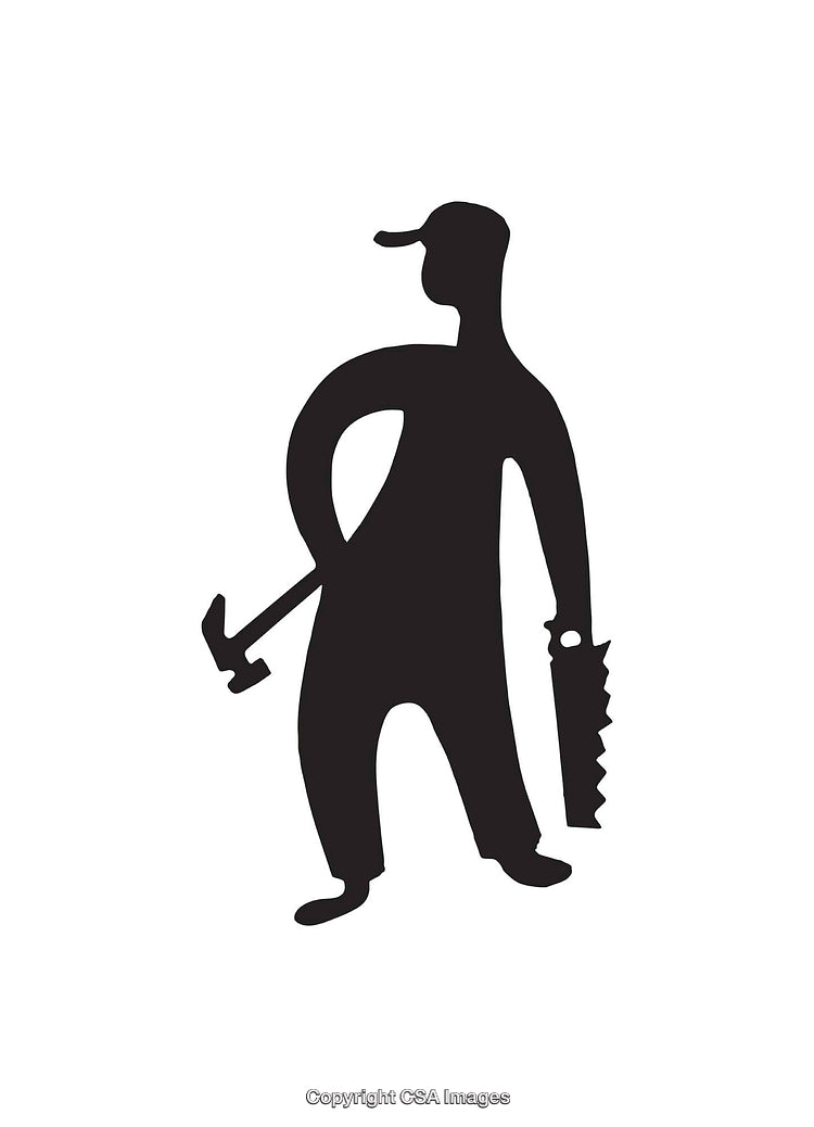 Silhouette of Worker Holding Hammer and Saw on White Background