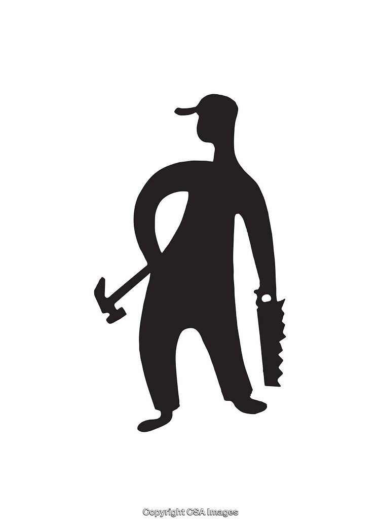 Silhouette of Worker Holding Hammer and Saw on White Background