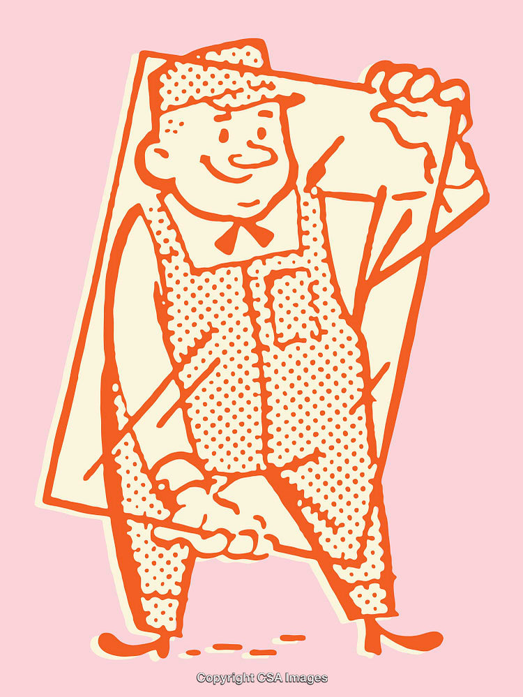 Vintage Illustration of a Cheerful Worker Holding a Large Canvas