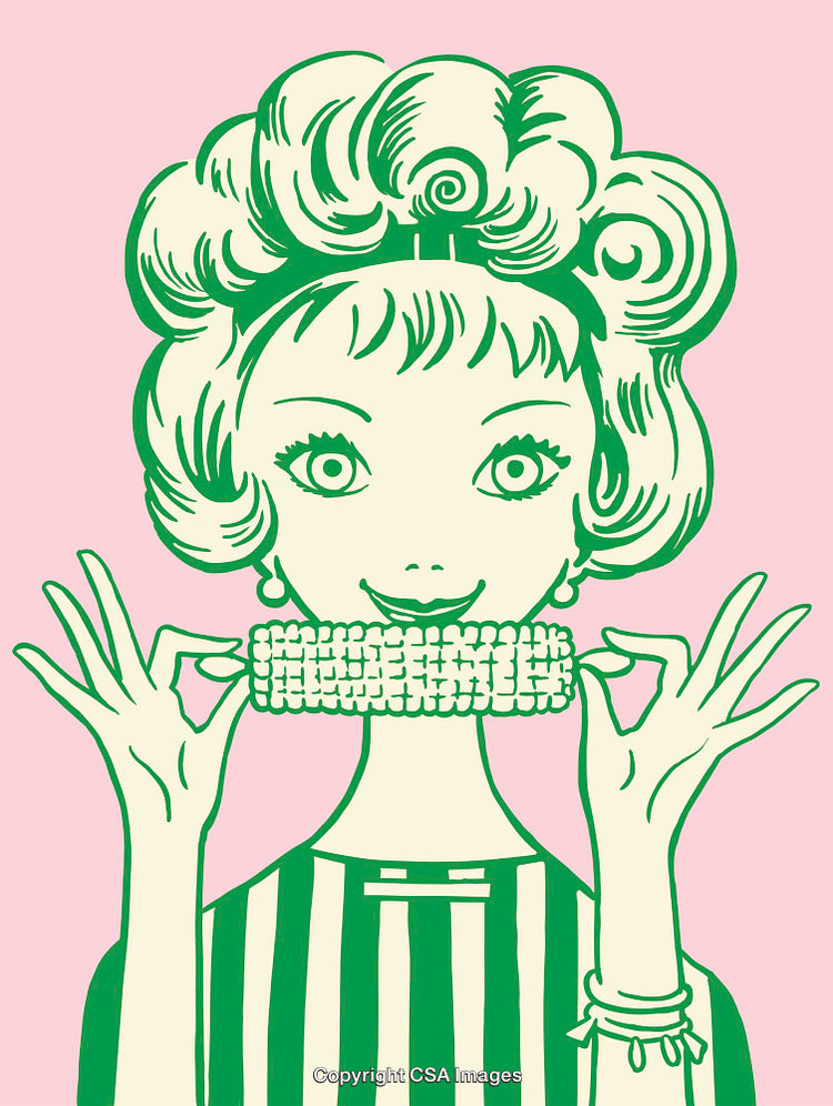 Retro Style Line Art Illustration of Woman Eating Corn on the Cob
