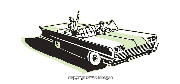 Retro Illustration of a Convertible with Relaxing Figures in Minimalist Style