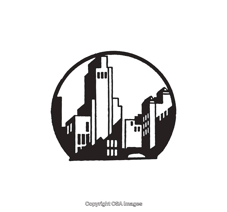 Black and White Line Art of City Skyline in a Circular Frame