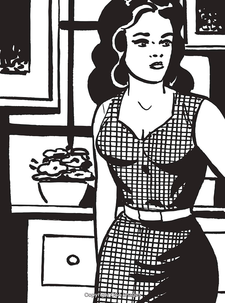 Vintage Comic Style Woman Illustration in Monochrome with Graphic Background Details