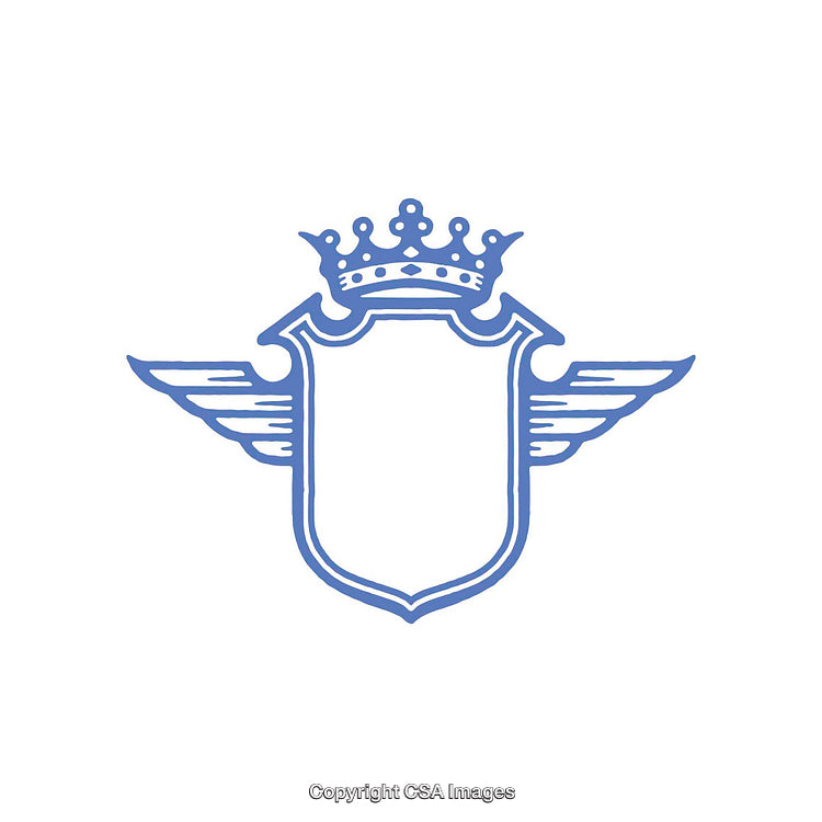 Blue Vintage Heraldic Crest With Crown and Wings on White Background