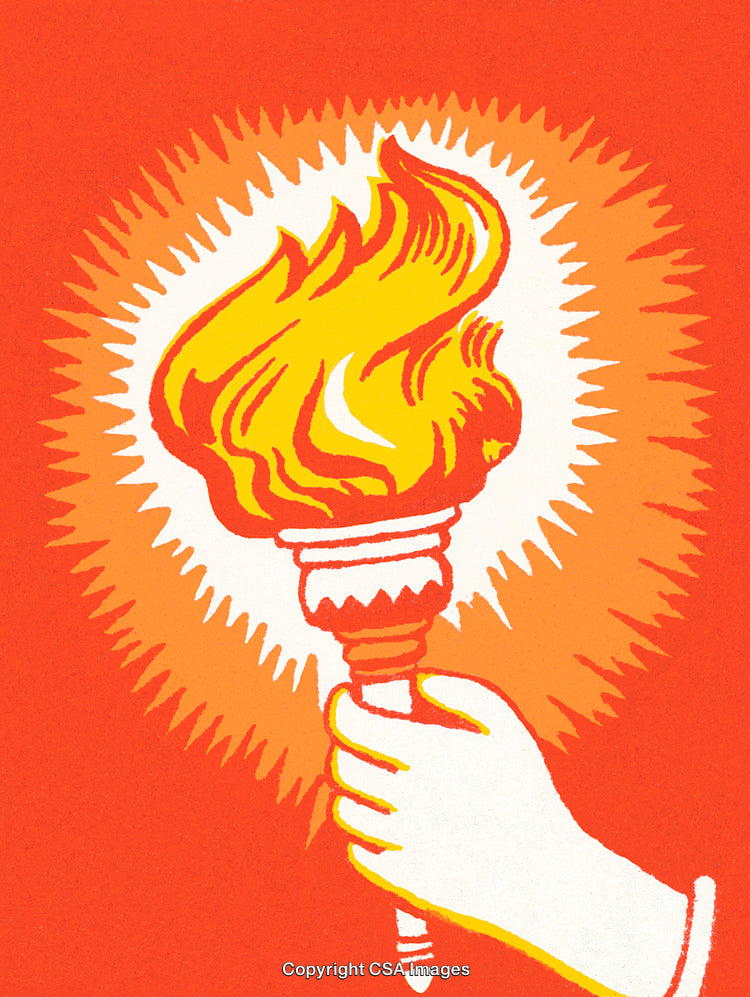 Vibrant Illustration of a Hand Holding a Flaming Torch with Radiating Light