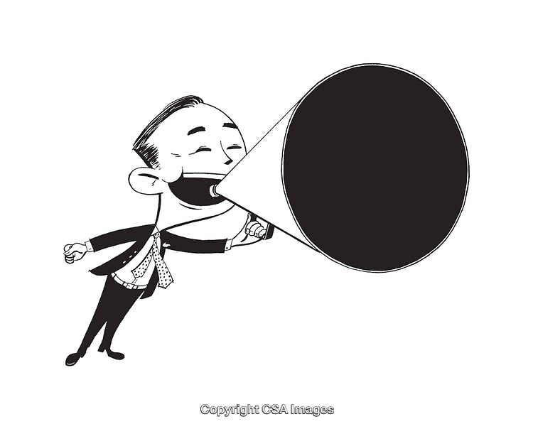 Black and White Illustration of a Businessman Shouting with a Megaphone