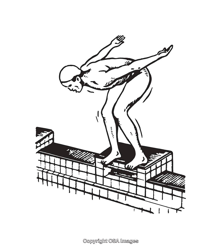 Black and White Illustration of a Diver Preparing to Dive