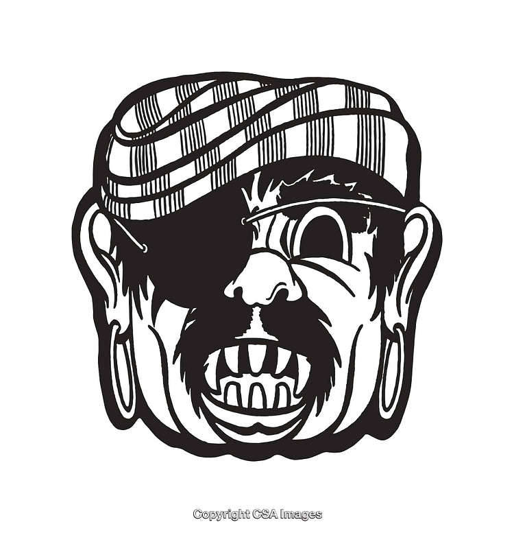 Black and White Line Art of Pirate Face with Eye Patch and Bandana