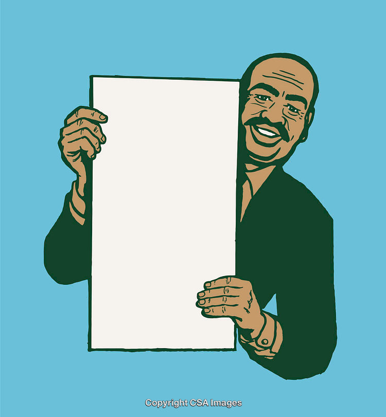 Cheerful Businessman Holding Blank Placard Isolated on Blue Background