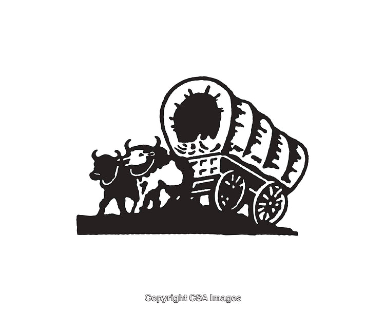Black and White Line Art of Covered Wagon with Oxen Pulling