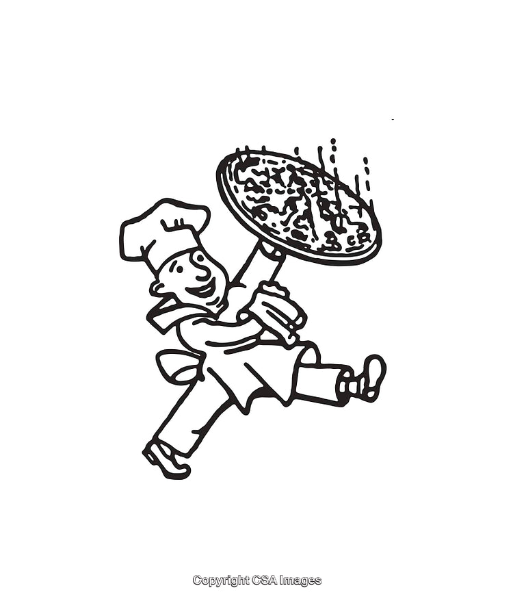 Cheerful Chef Tossing Pizza into the Air in Fun Line Art Style