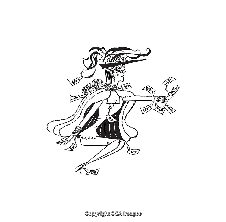 Elegant Woman in Hat Surrounded by Money in Whimsical Line Art