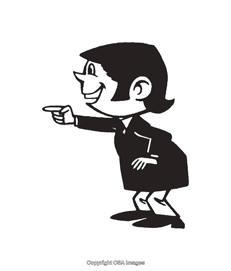 Black and White Illustration of a Smiling Businesswoman Pointing