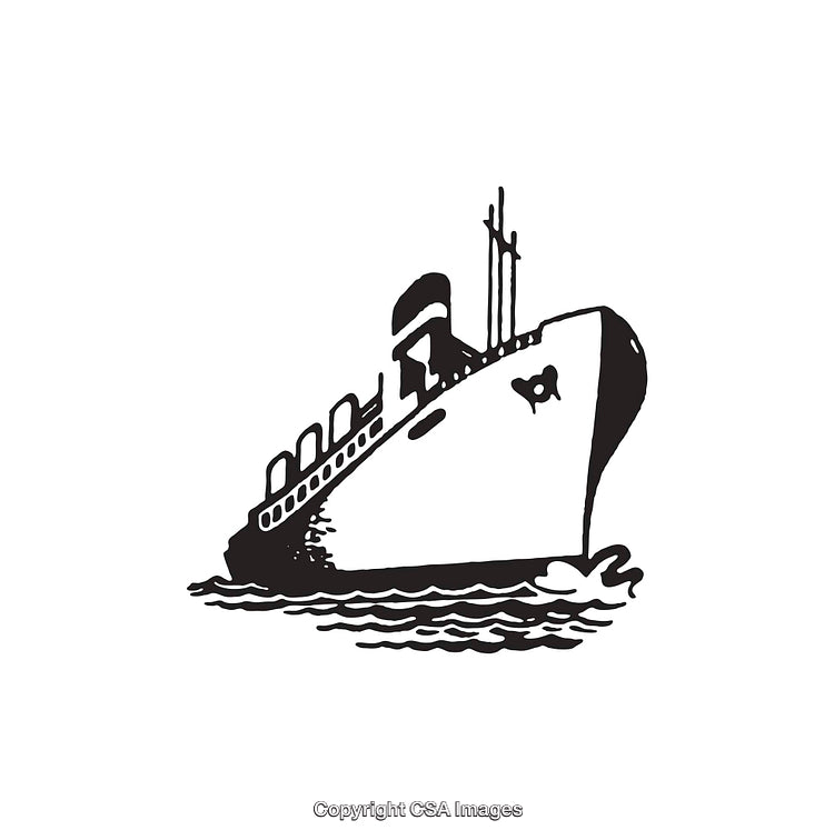 Black and White Line Art of a Passenger Ship at Sea